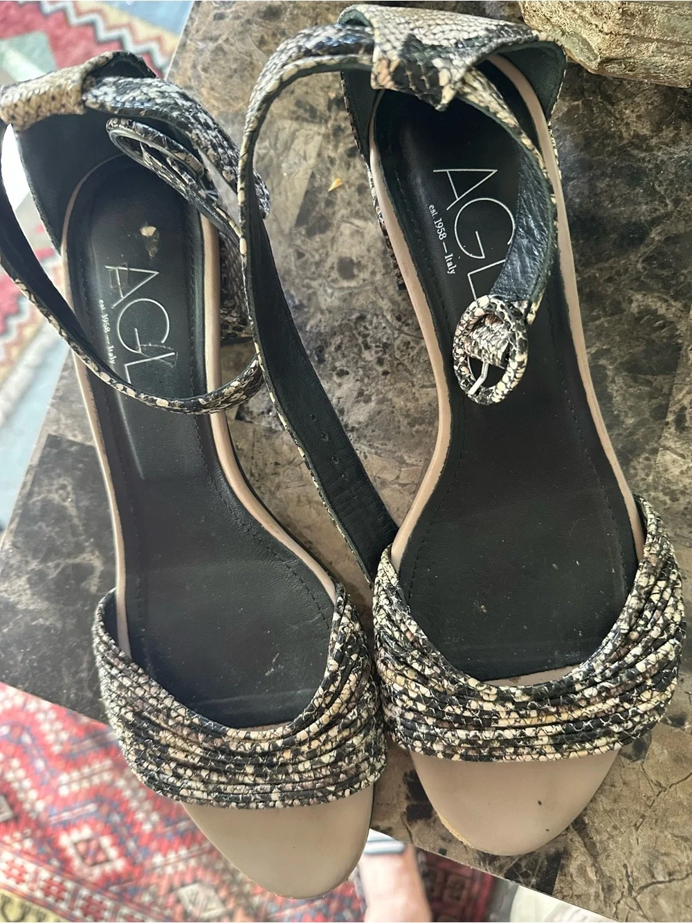 AGL Black and Cream Textured Ankle-Strap Block Heels